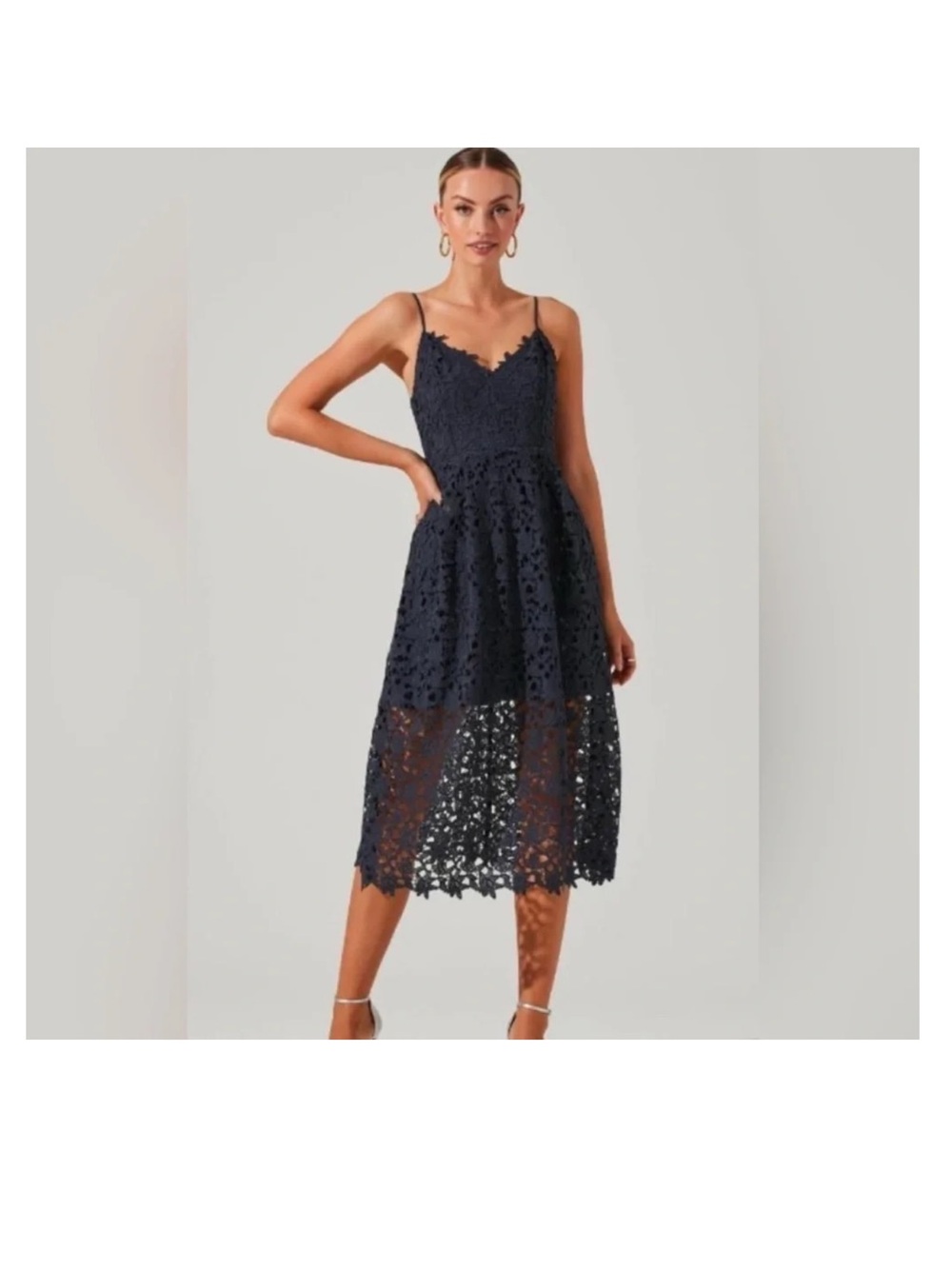 Astr Navy Lace Midi Dress with Spaghetti Straps